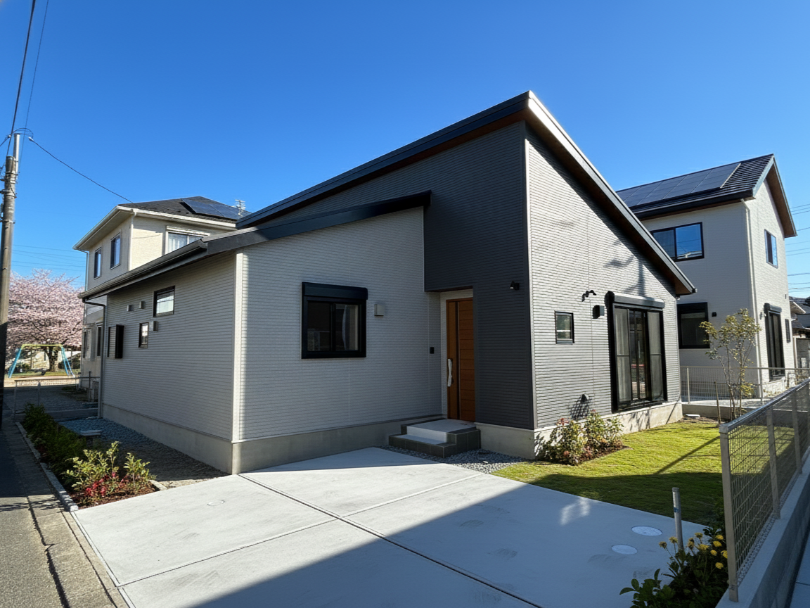 開放感あふれる勾配天井リビングと抜群の収納力が自慢の平屋の住まい