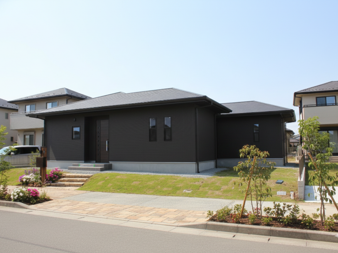 ダイニングキッチンとリビングを緩やかに分離したコの字型の平屋の住まい