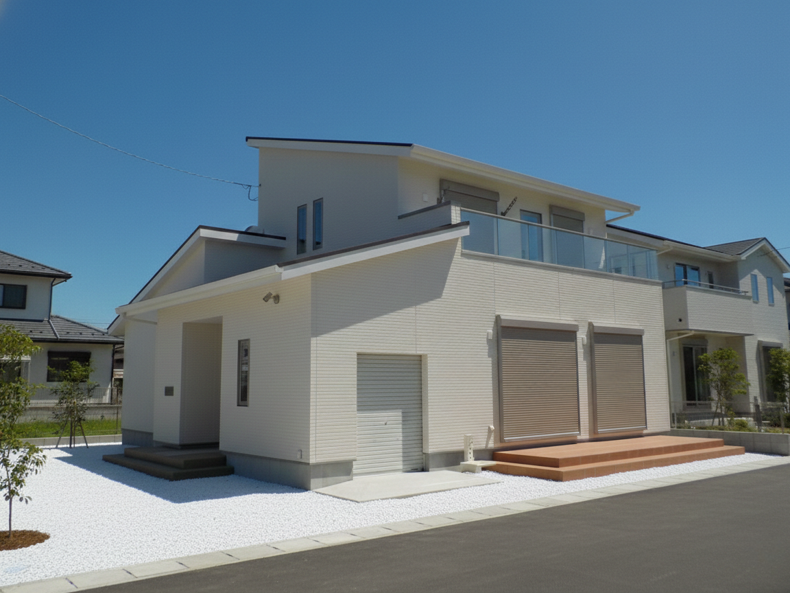 ガレージと広々バルコニーがある2階建ての住まい