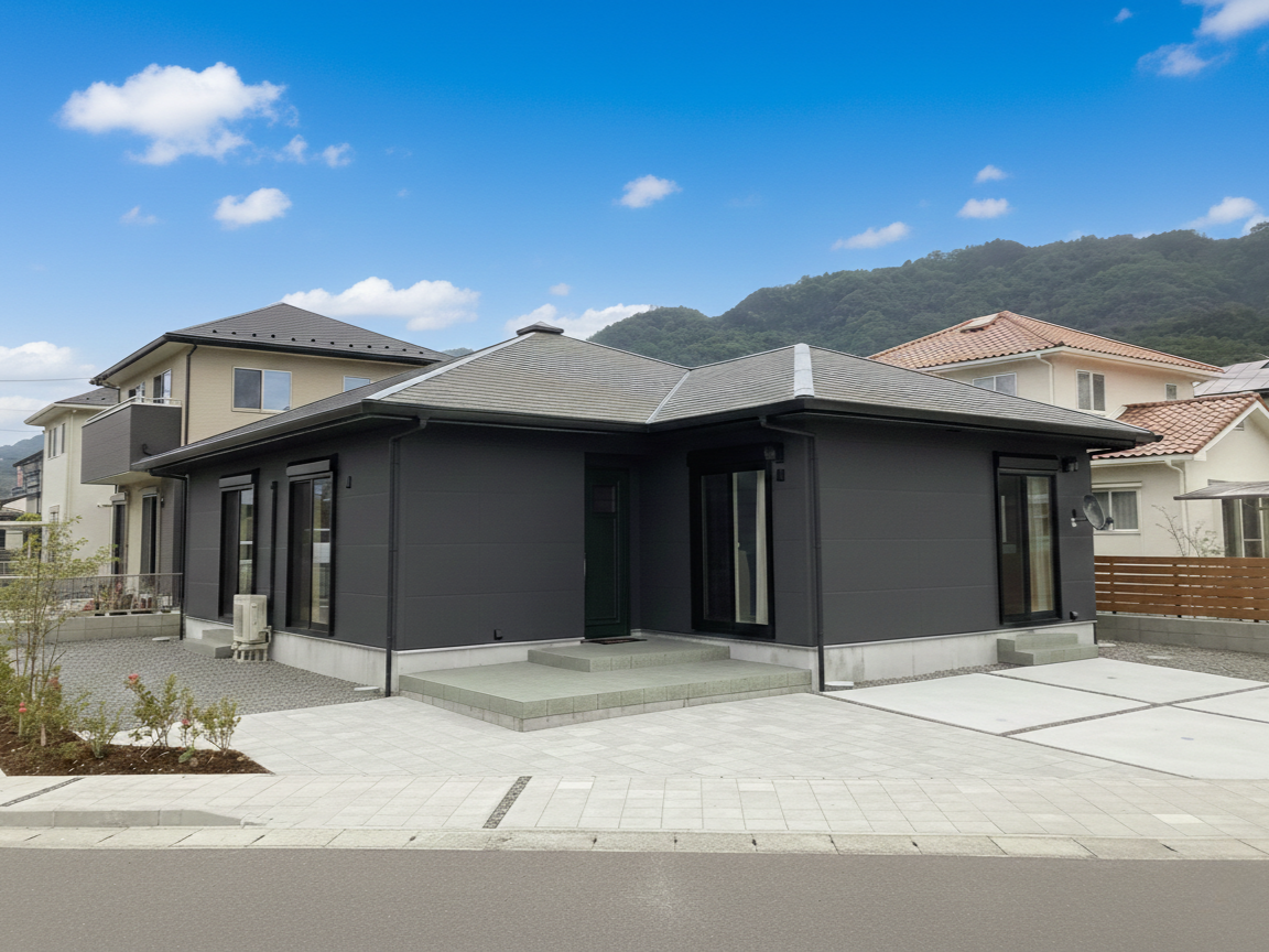 コの字型ダイニングテーブルでホームパーティーや家族団らんの時間も楽しめる平屋の住まい